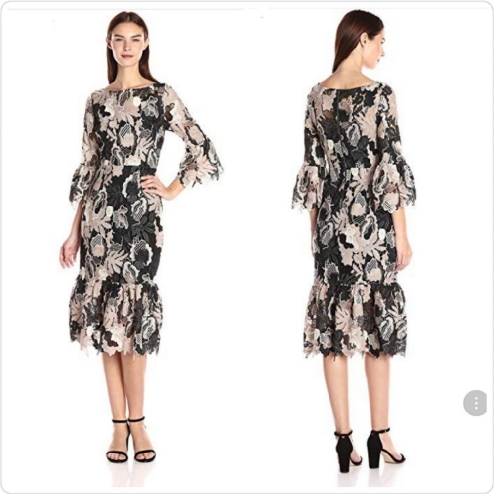 Elegant Black and Cream Floral Midi Dress